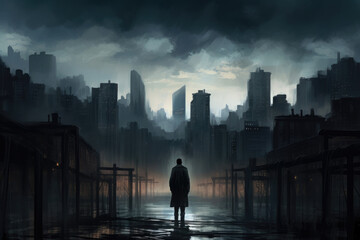 A dreary cityscape stretches as far as the eye can see punctuated only by a single figure standing in the middle of an empty street.