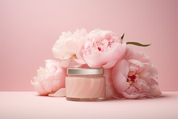 Elegant peony-infused beauty lotion and cosmetics, nestled beside luscious peony flowers on a dreamy pink backdrop. Organic essence, and the soft allure of nature-inspired skincare