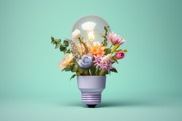 A sustainable concept showing a light bulb filled with vibrant flowers against a turquoise blue background, blending nature with innovation