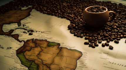 Captivating visual map of South America illustrating the equitable trade and production of coffee beans, a stirring tribute to sustainability. Generative AI
