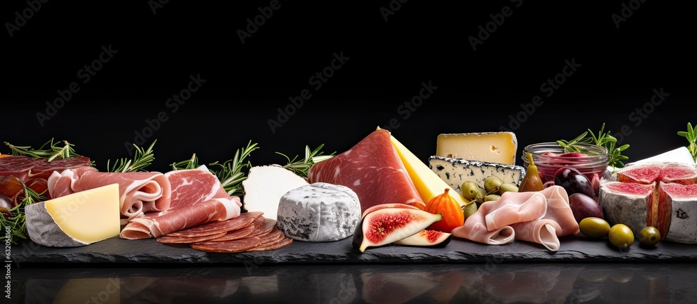 Aufkleber Assorted cheese and meat appetizers presented on a dark slate background with a side border and copy space.