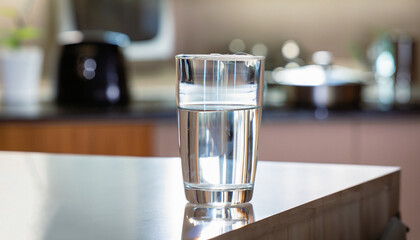 Glass of purified water on the table bar in kitchenroom