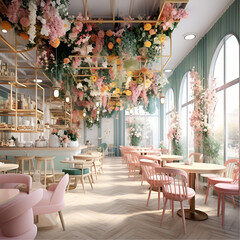 Fototapeta na wymiar design a modern cafe with colorful pastel colors with flowers decorated hanging from ceiling.