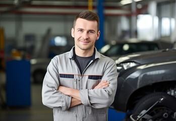 Fototapeta premium The portrait of smiling mechanic in the car repair shop