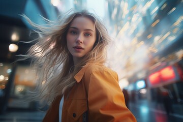 a girl in the rays of the night city. generative ai.