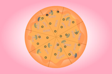 Pizza with cheese, mushrooms, olives and ham. Large round pizza cut into pieces