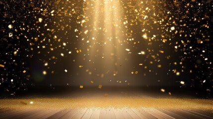 golden confetti shower cascading onto a festive stage, illuminated by a central light beam, mockup for events such as award ceremonies, jubilees, New Year's parties, or product presentations