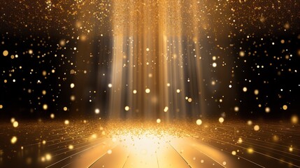 golden confetti shower cascading onto a festive stage, illuminated by a central light beam, mockup for events such as award ceremonies, jubilees, New Year's parties, or product presentations
