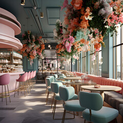 A modern design cafe with colorful pastel colors with flowers decorated hanging from ceiling.