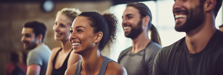 Obraz premium A Group of young friends in sportswear laughing while sitting in a gym after an exercise.
