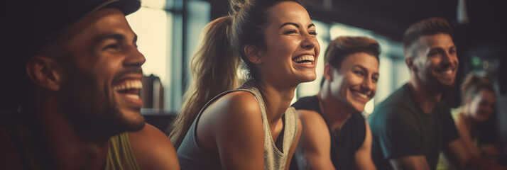 A Group of young friends in sportswear laughing while sitting in a gym after an exercise.