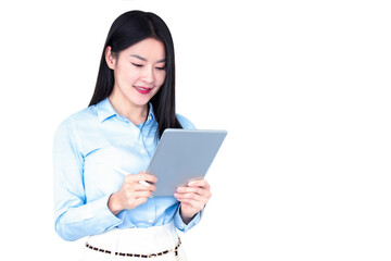 Asian businesswoman smiling and holding digital tablet standing on white background.Happy business woman using a pen writing on a tablet.copy space. Business,finance,employment,female successful.
