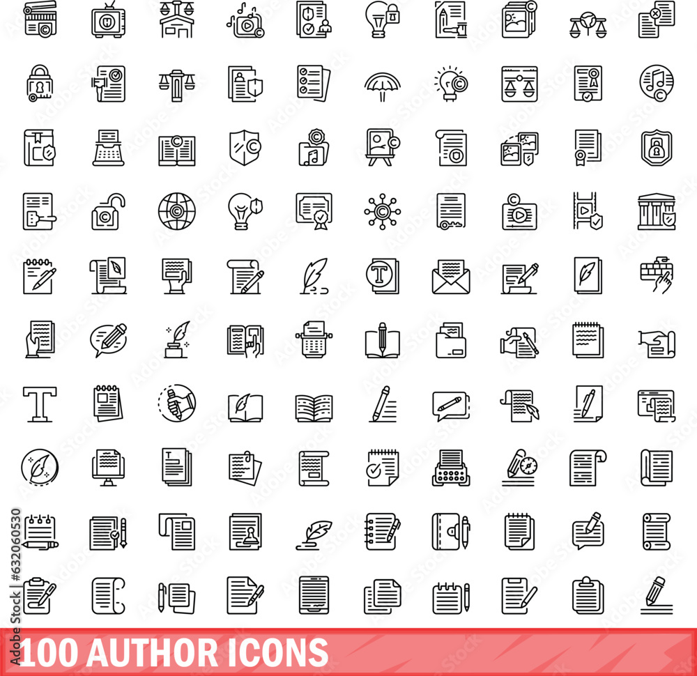 Poster 100 author icons set. Outline illustration of 100 author icons vector set isolated on white background - Posters