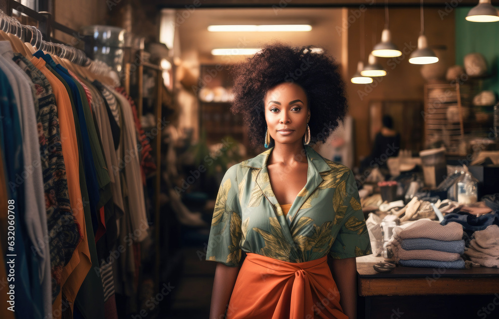 Wall mural portrait of black small business owner in her bookstore.