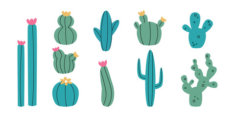 Flat hand drawn vector illustrations of cactus