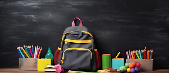 The mockup template features educational accessories, such as a backpack, student books, shoes, and colorful crayons on a blackboard background.