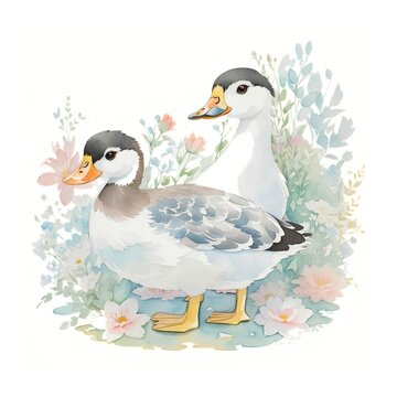 couple of ducks among flowers on white background, illustration animals painted with watercolor for decoration greeting card, invitation, print, textile or wall art