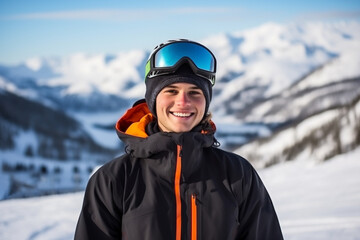 Fototapeta na wymiar Young snowboarder man in the mountains in winter