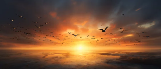 Fototapeten Sunrise new day and flying flock of birds © Cedar