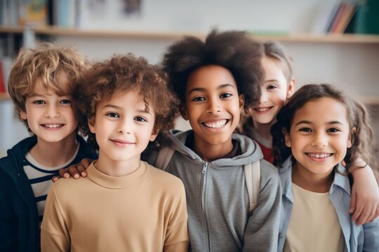Happy diverse junior school students children group looking at camera standing in classroom