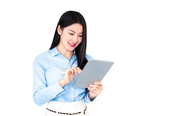 Asian businesswoman smiling and holding digital tablet standing on white background.Happy business woman using a pen writing on a tablet.copy space. Business,finance,employment,female successful.