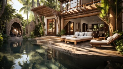 Traditional bungalow villa mixed bali style with pool  sea view. generative Ai - obrazy, fototapety, plakaty