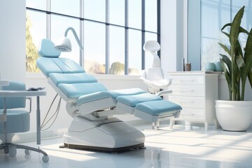 Dental clinic chair at clinic, cute interior for kid. Generative AI