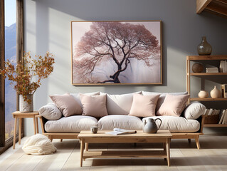 Rustic sofa with pink pillows against window near grey wall with poster frame and wooden bookcase, scandinavian home interior design of modern living room.