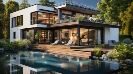 Exterior building white modern house villa and swimming pool.beautiful summer landscape with blue sky background. Generative Ai