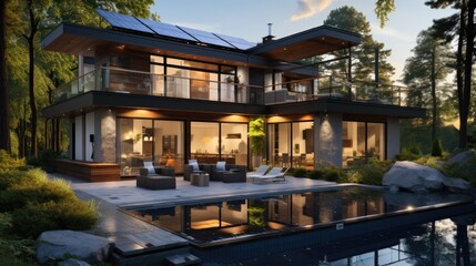 Obraz premium Exterior building white modern house villa and swimming pool.beautiful summer landscape with blue sky background. Generative Ai