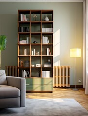 modern minimalistic bookshelf in a living room - created using generative AI tools