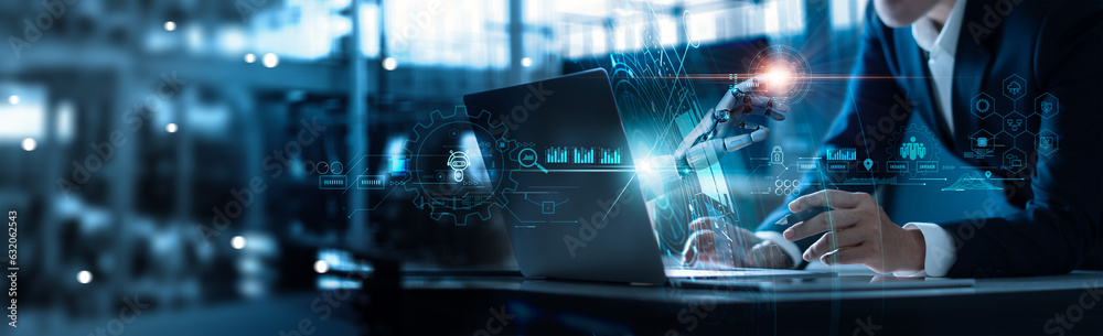 Fototapete Businessman working with AI. Robot of business technology on data network to adapt implement new policies and technology to effectively. Enhance stay competitive, Data exchange and machine learning