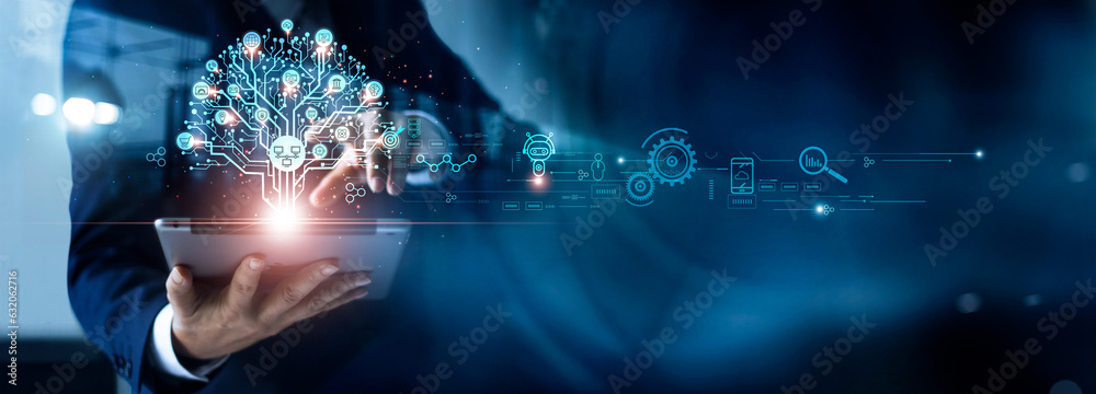 Poster Businessman touching structure of business technology on data network to adapt implement new policies and technology to support it effectively. Enhance customer experience and stay competitive