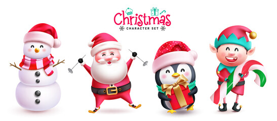Fototapeta premium Christmas characters set vector design. Christmas character like santa claus, snow man, penguin and reindeer for holiday season celebration. Vector illustration cartoon characters collection. 