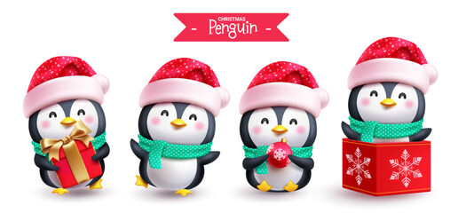 Christmas penguins characters set vector design. Penguins christmas character in happy, smiling cute face isolated in white background. Vector illustration penguin character winter collection. 
 - obrazy, fototapety, plakaty