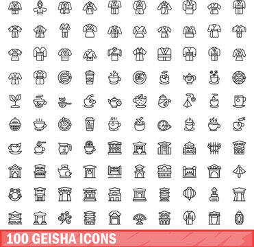 100 geisha icons set. Outline illustration of 100 geisha icons vector set isolated on white background