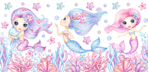 Cute little  Mermaids seamless border. Magical fairytale watercolor seamless pattern for nursery wallpaper, fabric print, children books, kids textile - 632062953