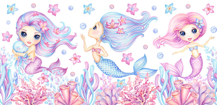 Cute little  Mermaids seamless border. Magical fairytale watercolor seamless pattern for nursery wallpaper, fabric print, children books, kids textile
