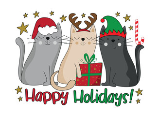 Happy holidays - Santa cat, reindeer cat, and elf cat with Christmas presents. Hand drawn vector design. 