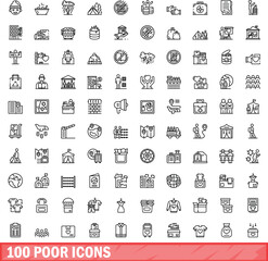 100 poor icons set. Outline illustration of 100 poor icons vector set isolated on white background