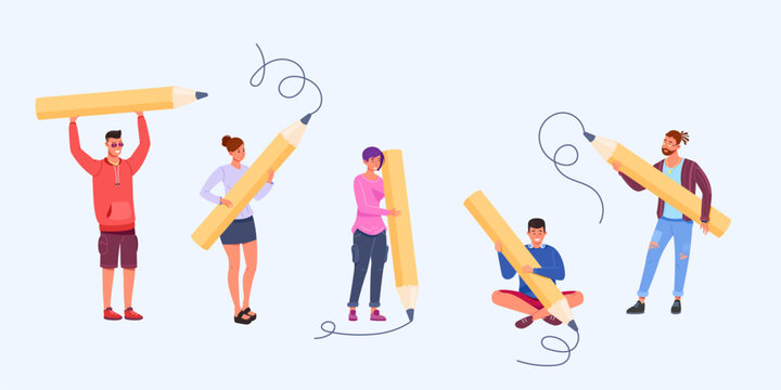 People large pencil. Funny young students holding writing or painting of giant pencils, person education concept guy and girl characters with school stationery vector illustration