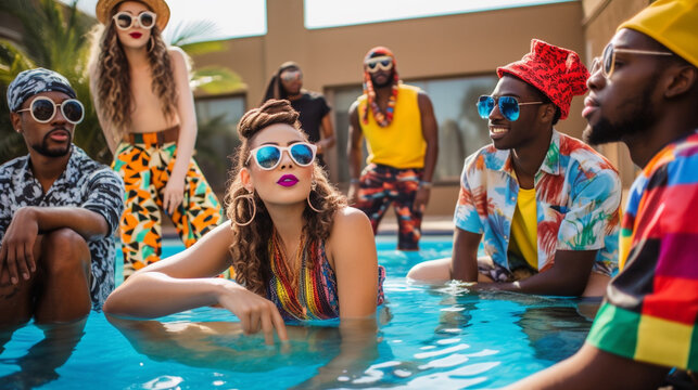 Young people enjoying a pool party at a luxury villa.