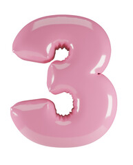 Inflated glossy pink tree number illustration. 3D render of latex bubble font with glint. Graphic math symbol, typography, ABC clipart, alphabet