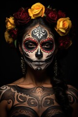 hispanic woman wearing sugar skull makeup - created using generative AI tools
