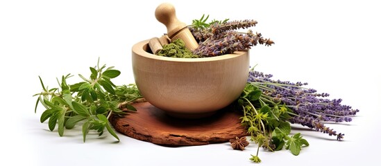 The picture shows a top view of medicinal herbs in a mortar with a pestle on a white background. It represents herbal medicine.