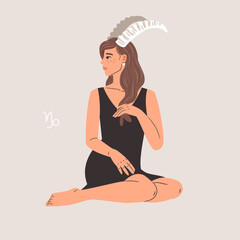 Woman with zodiac sign Capricorn horns, horoscope astrology symbol with beautiful girl in black dress