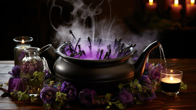 Witch's Cauldron Centerpiece: Imagine a captivating centerpiece featuring a bubbling witch's cauldron surrounded by eerie mist. Add LED lights underneath for an ethereal glow Generative AI