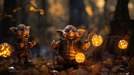 Goblins and fairies collaborate to harvest magical pumpkins, each glowing with a unique incandescent light that adds a surreal charm to the scene Generative AI - obrazy, fototapety, plakaty