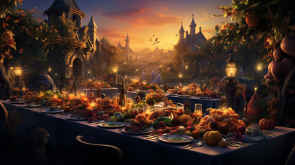 Harvest Magic Feast: Join a grand feast where magical creatures and humans gather to celebrate with a spread of otherworldly dishes, from sparkling enchanted fruits to glowing savo Generative AI