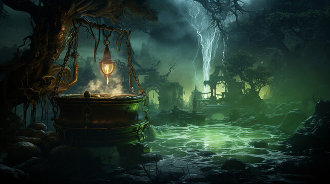 Witch's Brew Cauldron: A misty moonlit night sets the scene as a gnarled tree stands guard over a bubbling cauldron. Eerie green light spills from within, casting eerie shadows acr Generative AI